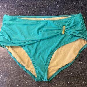 NWOT SWIM by CACIQUE Turquoise Brief Bottoms Swim Wear Gold Bar Accent Sz 22